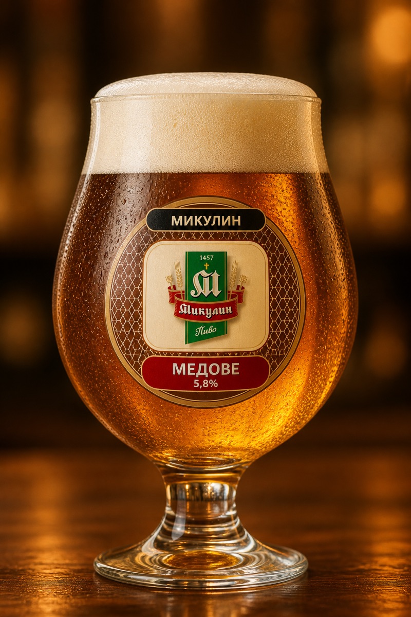 Mykulyn Medove van Mykulynetskyi Brovar, getapt in het glas van de brouwerij.