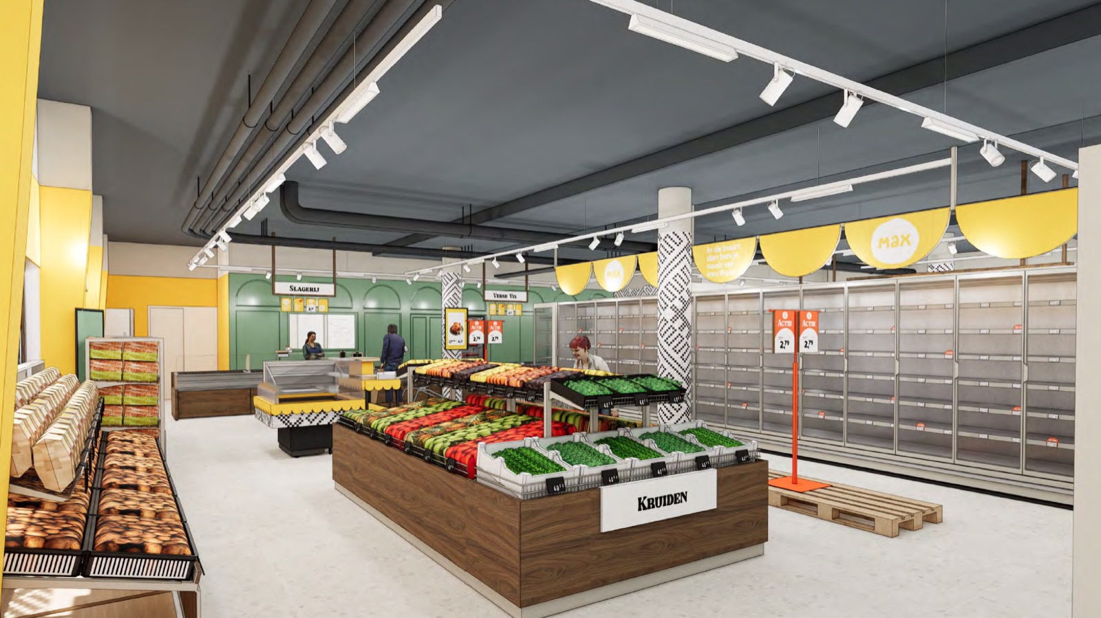 Ontwerprender van de nieuwe winkel in Schiedam: gele halve cirkels met het Max-woordmerk boven de schappen, groene bogen bij Slagerij en Verse Vis, een kolom met vyshyvanka-patroon en een notenhouten eiland met groenten en fruit.